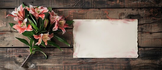 Wall Mural - Top view of a wooden background with a banner and copy space image featuring a flower bouquet alongside a blank note paper