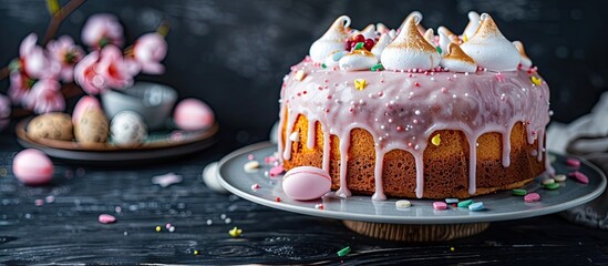 Fototapete - Easter cake with glace icing and meringue accents on top perfect for festive occasions creating a delightful and visually appealing dessert at celebrations with copy space image