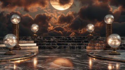 Wall Mural - grand empty podium, glistening crystal ornaments, nikon z7, 85mm telephoto lens, evening cloud cover