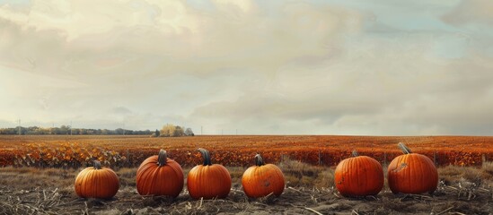 Poster - A row of four pumpkins in orange hues sits on a farm field ideal as a background for food vegetable produce and agriculture themed content alongside a blank space for text or design. Creative banner