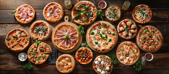 Poster - A variety of Italian pizzas displayed on a wooden table from above The pizzas are freshly made with a mix of ingredients like herbs vegetables seafood and meat showcased in a wide composition with a