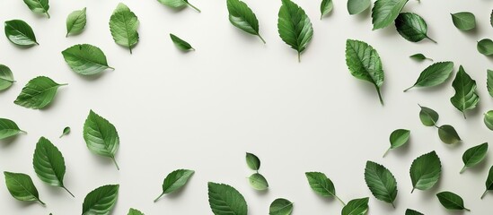 Poster - Green leaves creatively arranged on a white background with clipping paths perfect for a nature themed copy space image