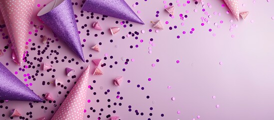 Poster - Violet tabletop adorned with pink and violet party hats confetti pieces and ample copy space image