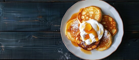 Sticker - View from above of light and fluffy cottage cheese pancakes or Russian syrniki with sour cream and caramel on a white plate against a dark wooden surface offering copy space image