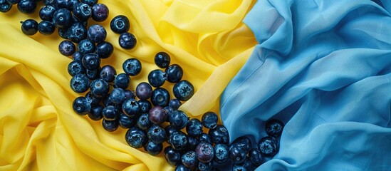 Poster - Top view macro image of bilberries on yellow and light blue kitchen textiles with copy space image