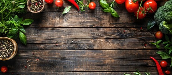Poster - Wooden surface with organic vegetables bio healthy food fresh herbs and spices creates a natural ambiance for a copy space image