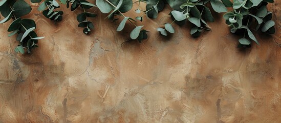 Aufkleber - A banner with copy space is placed on a textured brown table decorated with fresh eucalyptus branches