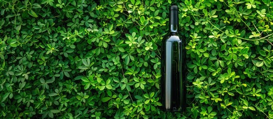 Poster - Wine bottle placed on green grass with copy space image