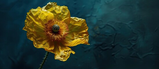Aufkleber - Macro photo of a vintage painted surrealistic fantasy style poppy blossom in fading yellow fabric against a dark blue background representing symbolic decay and aging with copy space image