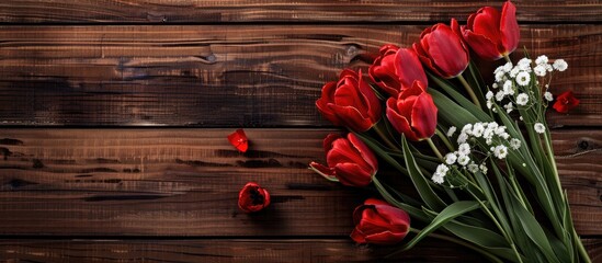 Poster - Top view of a vibrant red tulip bouquet contrasting against a wooden backdrop with red and white blooms perfect for adding text in the copy space image