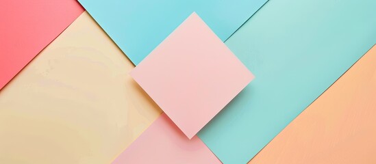 Poster - Pastel paper background in pink blue peach and yellow shades with an empty square for text or other elements in the center suitable for a copy space image