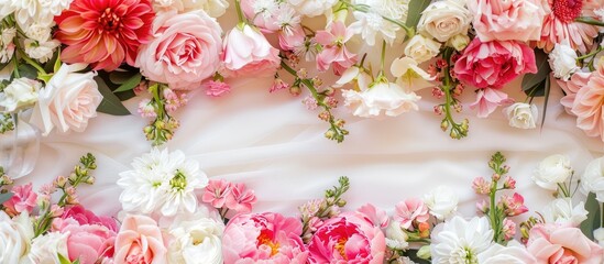 Poster - Floral arrangement with white and pink napkins creating a backdrop with copy space image