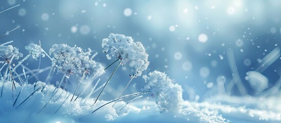 Poster - Soft focus winter background with blurred dill umbrellas covered in frost against a snow covered field suitable as a copy space image