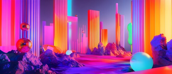 Poster - Futuristic glitch art installations depicting a vibrant high contrast cityscape with vaporwave inspired aesthetics featuring 3D rendered shapes lines and patterns in a dreamlike surreal environment