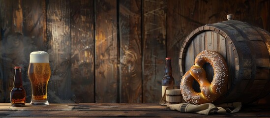 Poster - Copy space image featuring lager beer a rustic pretzel and an aged wooden beer barrel