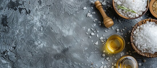 Poster - A spa set featuring mineral salt and oil placed on a grey background with ample copy space image available