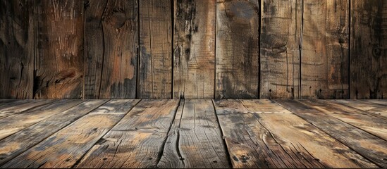 Poster - Product display template featuring a weathered table top set against a rustic wooden background ideal for showcasing items with copy space image