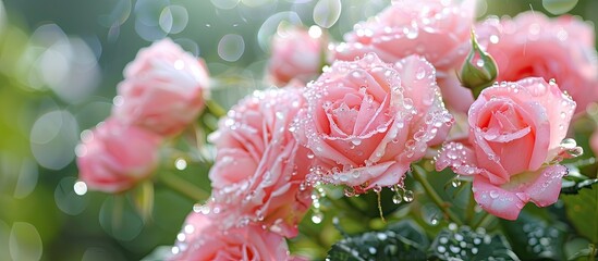 Aufkleber - Pink rose flowers in a garden with raindrops featured in a selective focus view in a copy space image