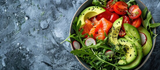 Canvas Print - Top view of a salad bowl containing fresh vegetables like tomatoes avocado arugula seeds and salmon set on a table with copy space image