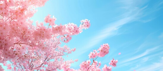 Sticker - Scenic view capturing beautiful cherry blossom against a clear blue sky in a copy space image