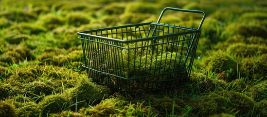 Aufkleber - Supermarket shopping basket on green grass with moss background highlighting Black Friday sale discounts and conscious consumption in a minimalistic style with eco friendly undertones Incorporate cop