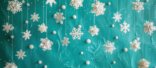 Poster - Festive snowflakes decorations set against a vibrant turquoise backdrop with copy space image