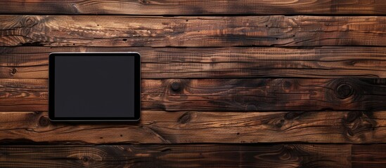 Poster - Wooden desk with a modern tablet on it from a top view ideal for incorporating your copy space image