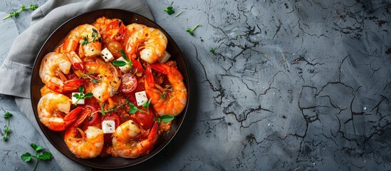 Aufkleber - Top view of Greek prawns shrimp saganaki with feta tomato paprika and thyme on a gray background with copy space image