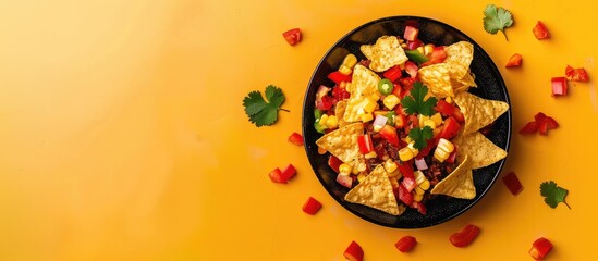 Poster - Top view flat lay of Mexican nachos snack on yellow background with copy space image