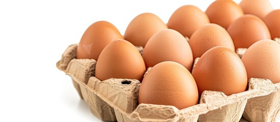 Poster - Fresh raw chicken eggs in a brown carton bought from a market are easy to purchase cook and enjoy for good health Isolated on a white background with copy space image