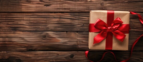 Poster - Wooden background with a red ribbon adorned gift box presenting ample copy space for images