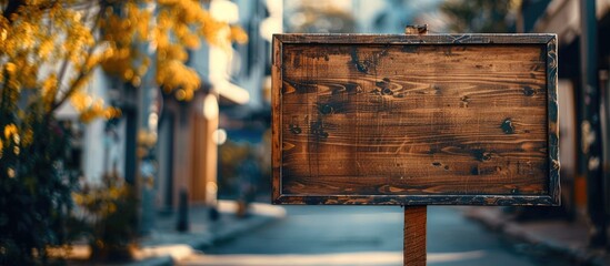 Poster - Wooden sign displayed outdoors on a street with copy space image
