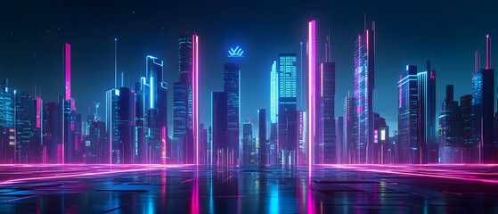 Poster - Mesmerizing Futuristic Cityscape with Glowing Neon Lights and Vibrant Vaporwave Aesthetic  A stunning 3D rendered scene featuring a dynamic high contrast urban landscape with towering skyscrapers