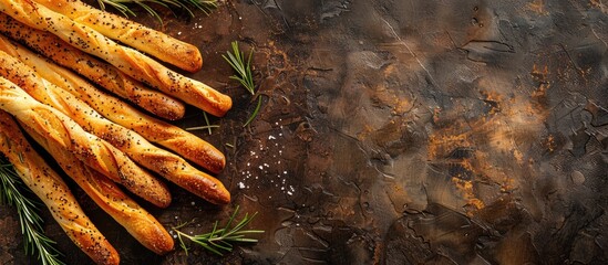 Sticker - Italian breadsticks seasoned with rosemary and salt on a dark brown stone surface captured from above leaving room for additional content such as a copy space image