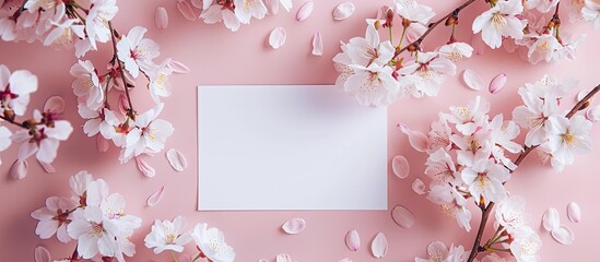 Poster - Spring cherry blossoms tree with an empty paper for text on a soft pink backdrop in a copy space image