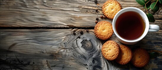 Aufkleber - Top view of a porcelain cup of tea and sweet cookies on a wooden background with selective focus showcasing a copy space image