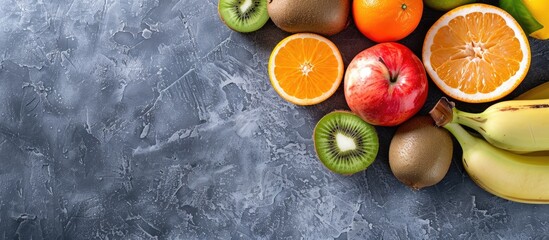 Poster - Fresh and colorful fruits like oranges bananas apples kiwis and grapefruits arranged on a gray tabletop in a flat lay view with a fruit themed copy space image in the background