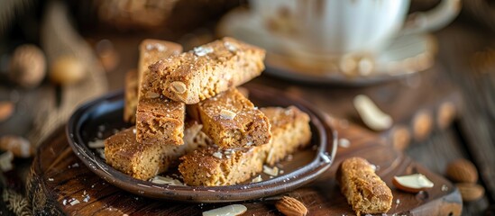 Poster - A food image with biscotti placed on the table for tea with selective focus creating a visually appealing copy space image