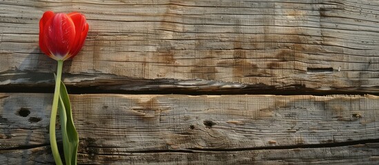 Poster - Top view of a red tulip on a rustic wooden table with a clear area for additional content or imagery like a copy space image