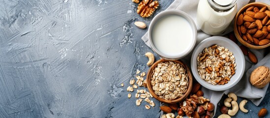 Nutritious morning meal comprising milk nuts and muesli ready to be consumed with copy space image