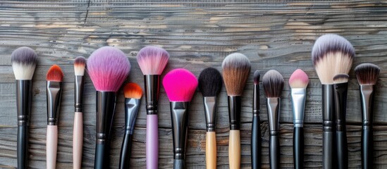 Wall Mural - Makeup brushes neatly arranged on a table with copy space image available