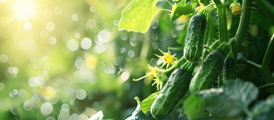 Poster - a young cucumber thrives in the greenhouse with a background perfect for adding text or graphics cop