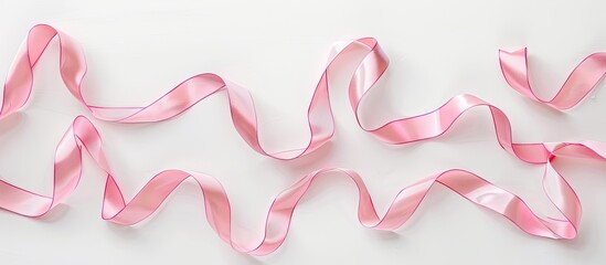 Poster - A flat lay photo with a pink curly ribbon on a white background providing copy space image