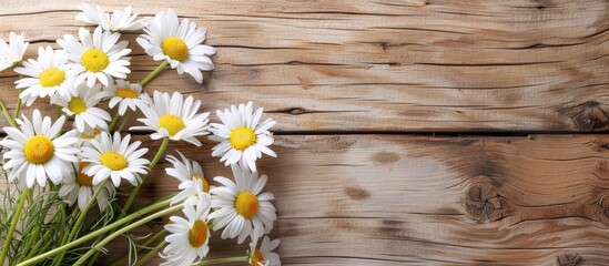 Poster - A wooden background hosts a bouquet of daisies with a white blank sheet evoking cleanliness fragrance and skincare Perfect for a copy space image