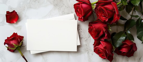Poster - White background with a card and roses for copy space image
