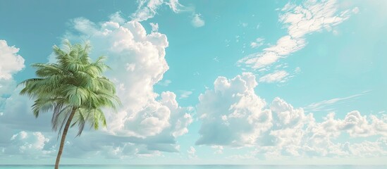 Poster - Summer beach scene with a palm tree under a blue sky with fluffy clouds offering copy space Soft pastel colors create a blurred background emphasizing a minimalist vibe