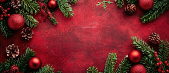 Wall Mural - Festive Christmas arrangement with green fir branches and decorations on a red backdrop Evoking the holiday spirit with a top view layout and copy space image