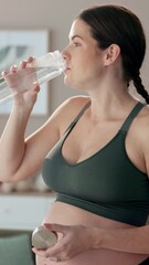 Sticker - Woman, pregnant and drinking water in home with smile, fitness and hydration in yoga. Bottle, future mom and thirsty in pilates for healthy body, nutrition and wellness with liquid for prenatal care