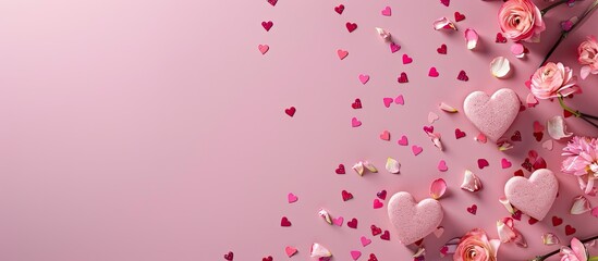 Leinwandbilder - Pink background decorated with heart shaped boxes flower confetti or potpourri perfect for a copy space image
