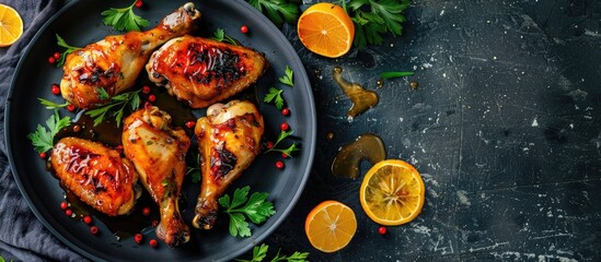 Poster - Honey glazed chicken legs served with oranges shown in a copy space image